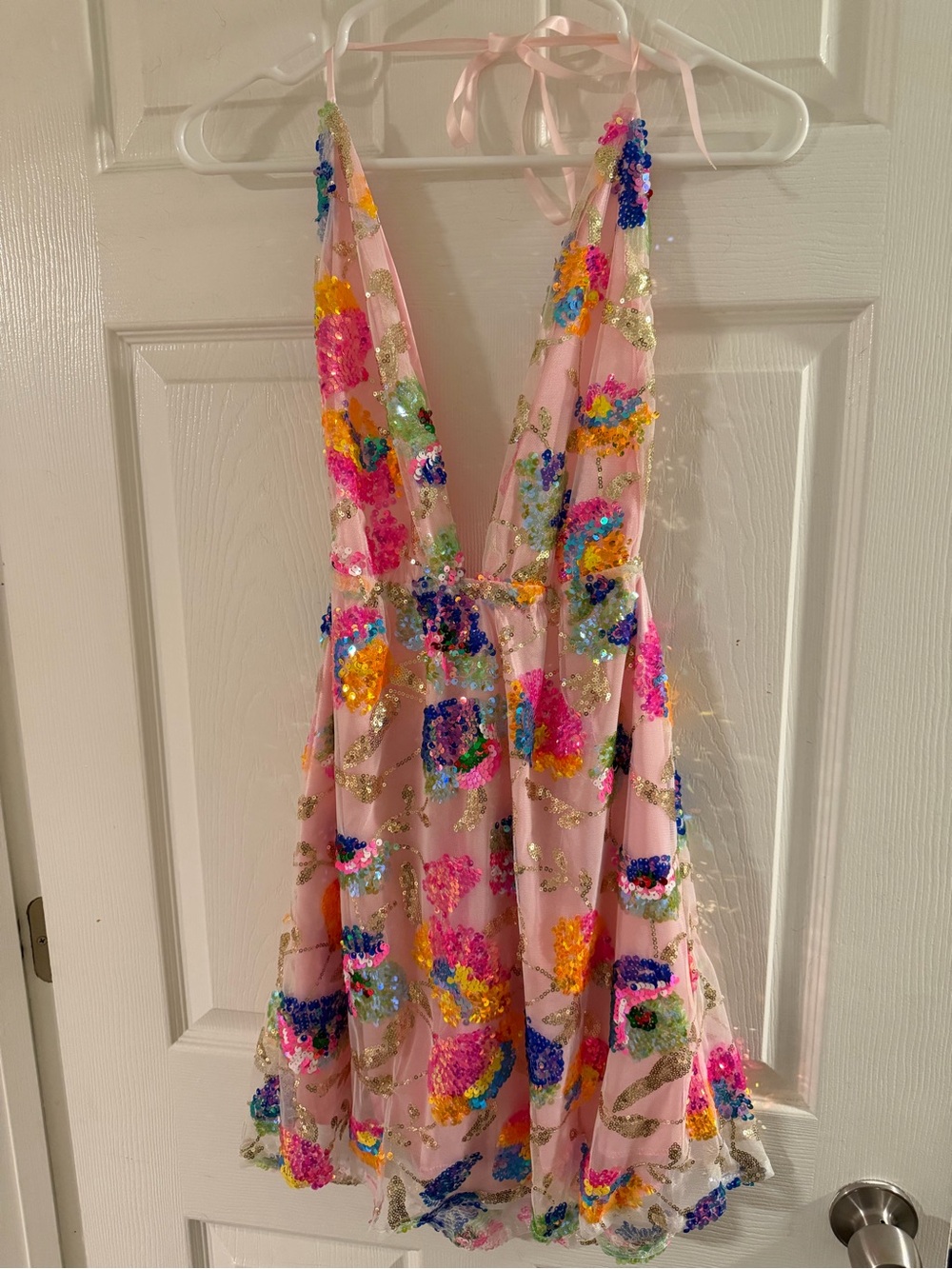 Pink Sequin Floral Deep V Mini Dress